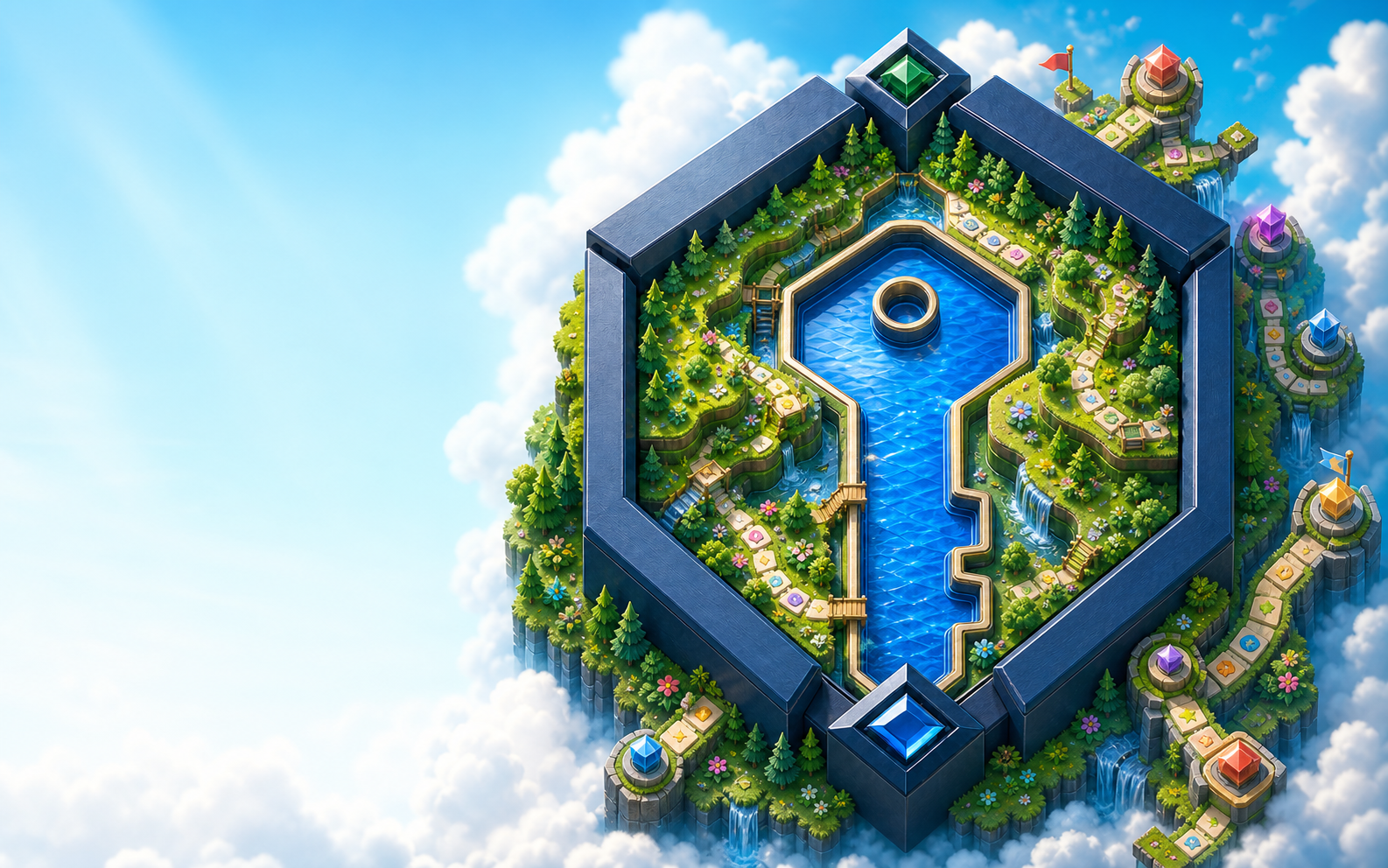 The Key Lake Labs mark expanded into a sunlit floating game world shaped around a blue key lake.